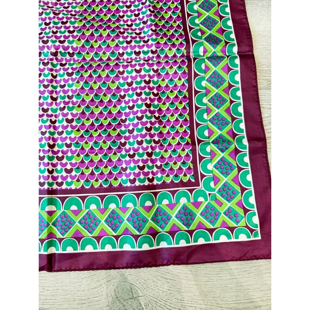 Vintage Sillook Japanese Geometric Scarf Scallop | Green and Purple | 27" Square - Picture 12 of 15